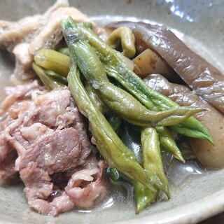 三度豆と茄子と牛肉の煮物